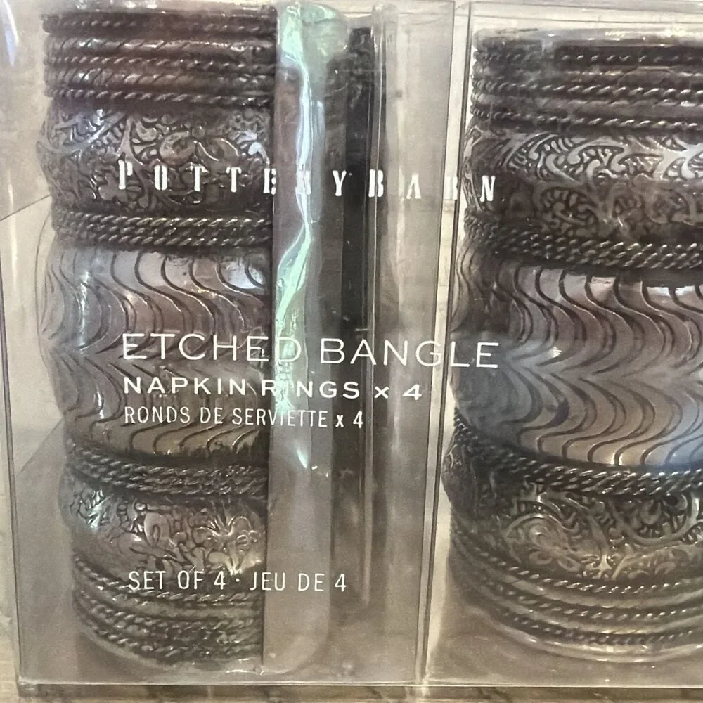 Pottery barn Etched Bangle Napkin Ring Set of 4 silver color